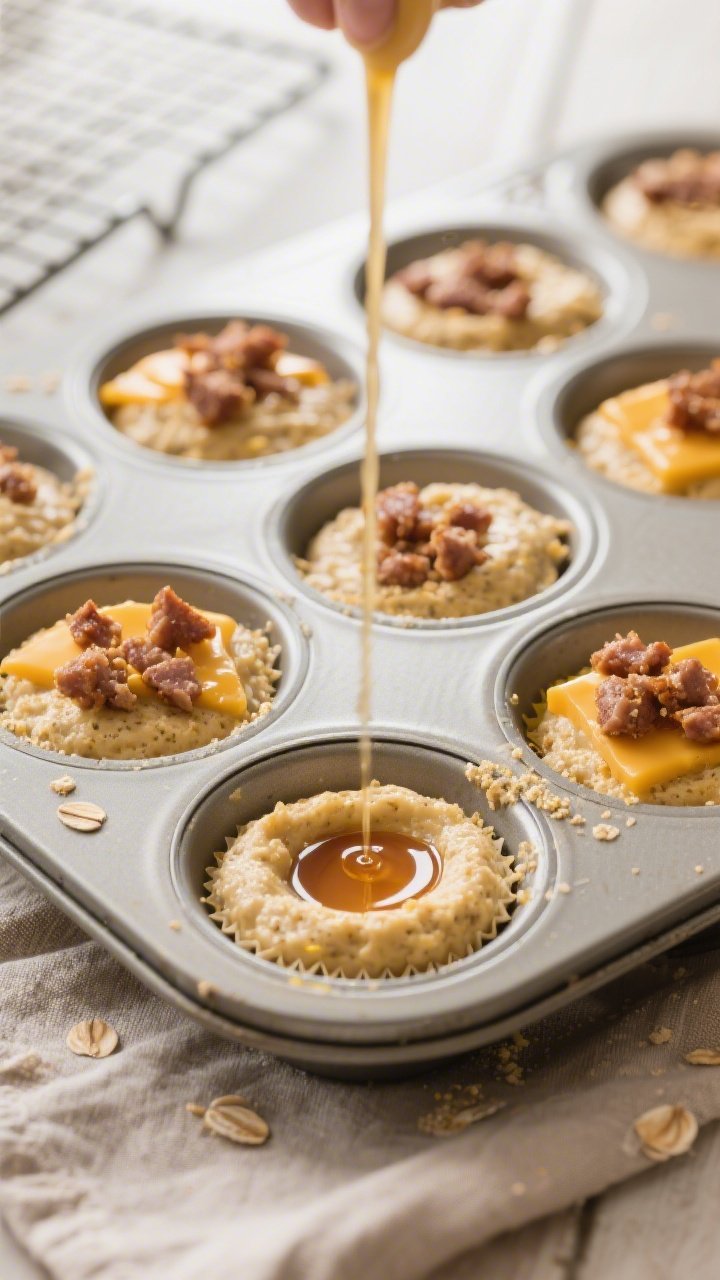 Cooking process close-up: Golden Mcgriddle protein muffin batter in a greased 12-cup muffin tin, eac