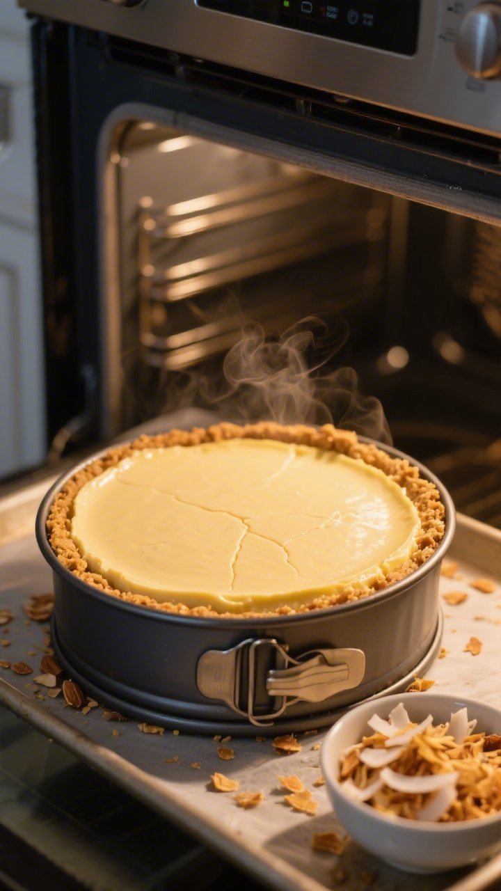 Cooking process close-up: Keto Coconut Cheesecake just baked and resting in the turned-off oven with