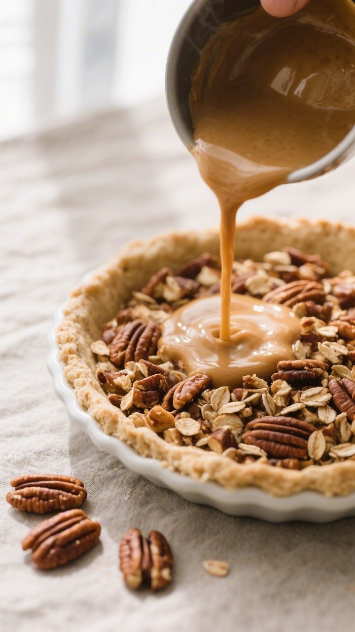 Cooking process close-up: Par-baked almond flour–oat crust filled with roughly chopped toasted pec