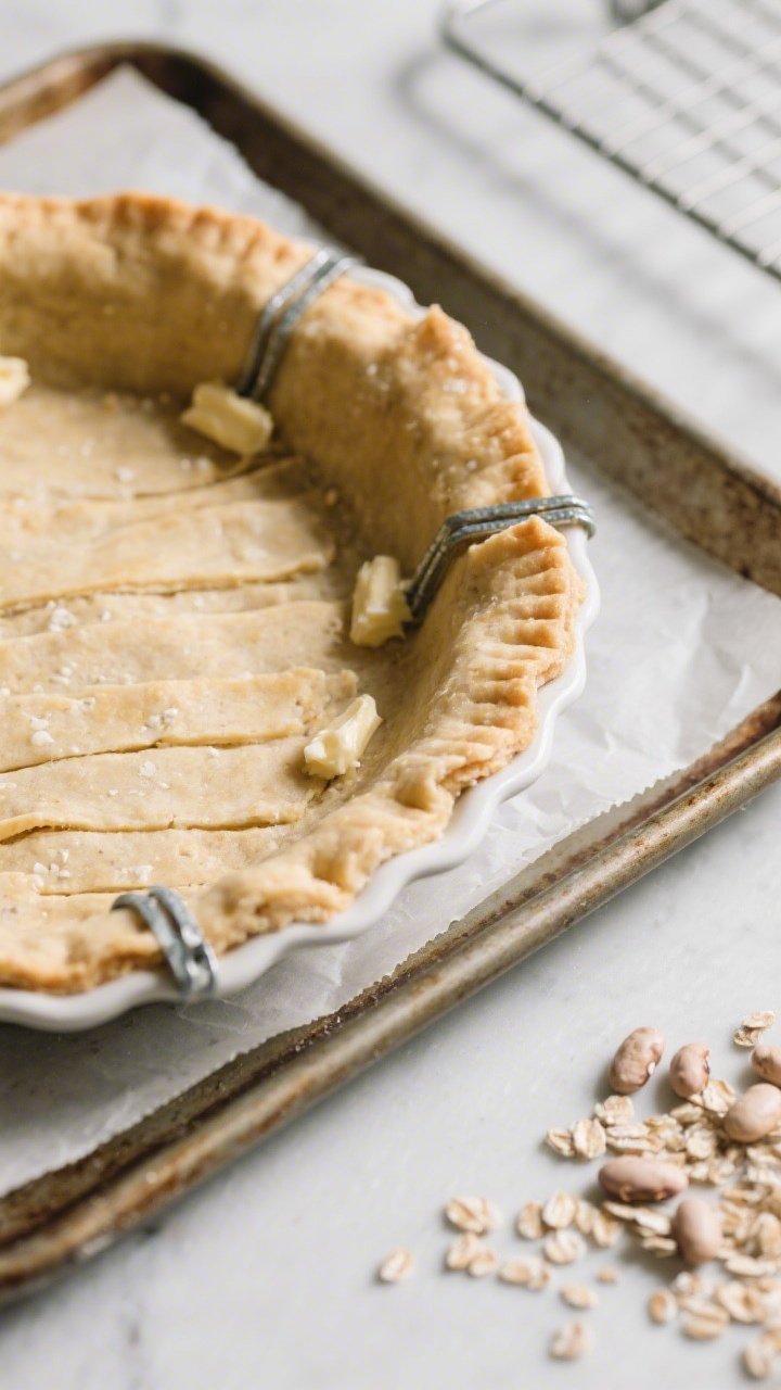 Cooking process close-up: Partially blind-baked healthy pie crust just after weights are removed, se