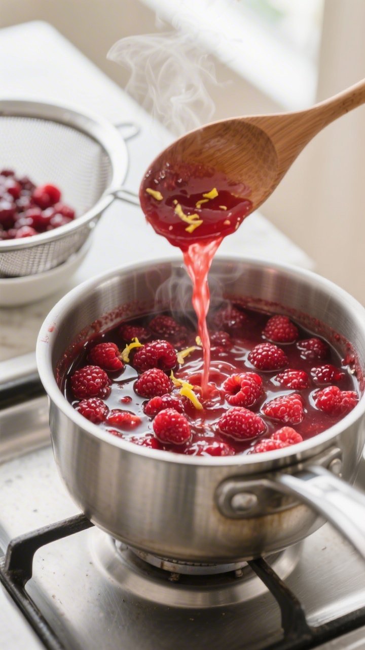Cooking process close-up: Raspberry layer simmering in a small stainless saucepan, thickened to a gl
