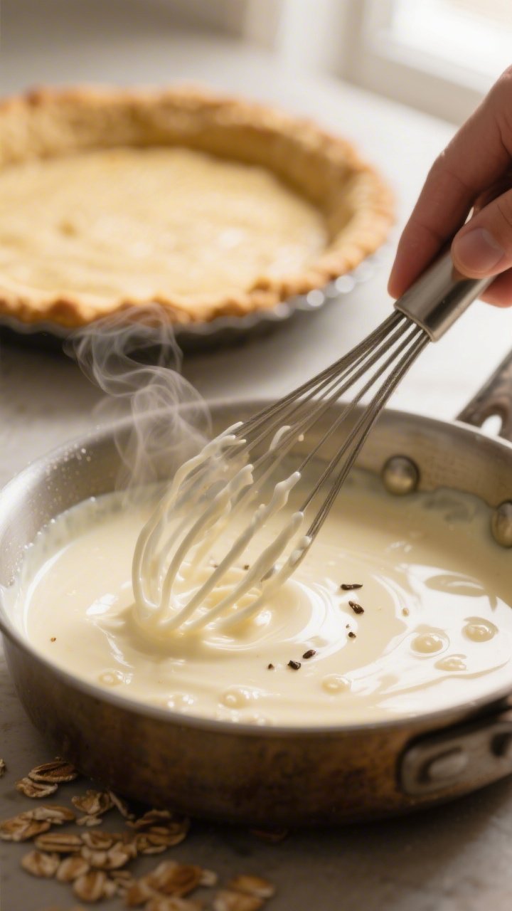 Cooking process close-up: Silky banana-yogurt custard being whisked in a saucepan just as it reaches