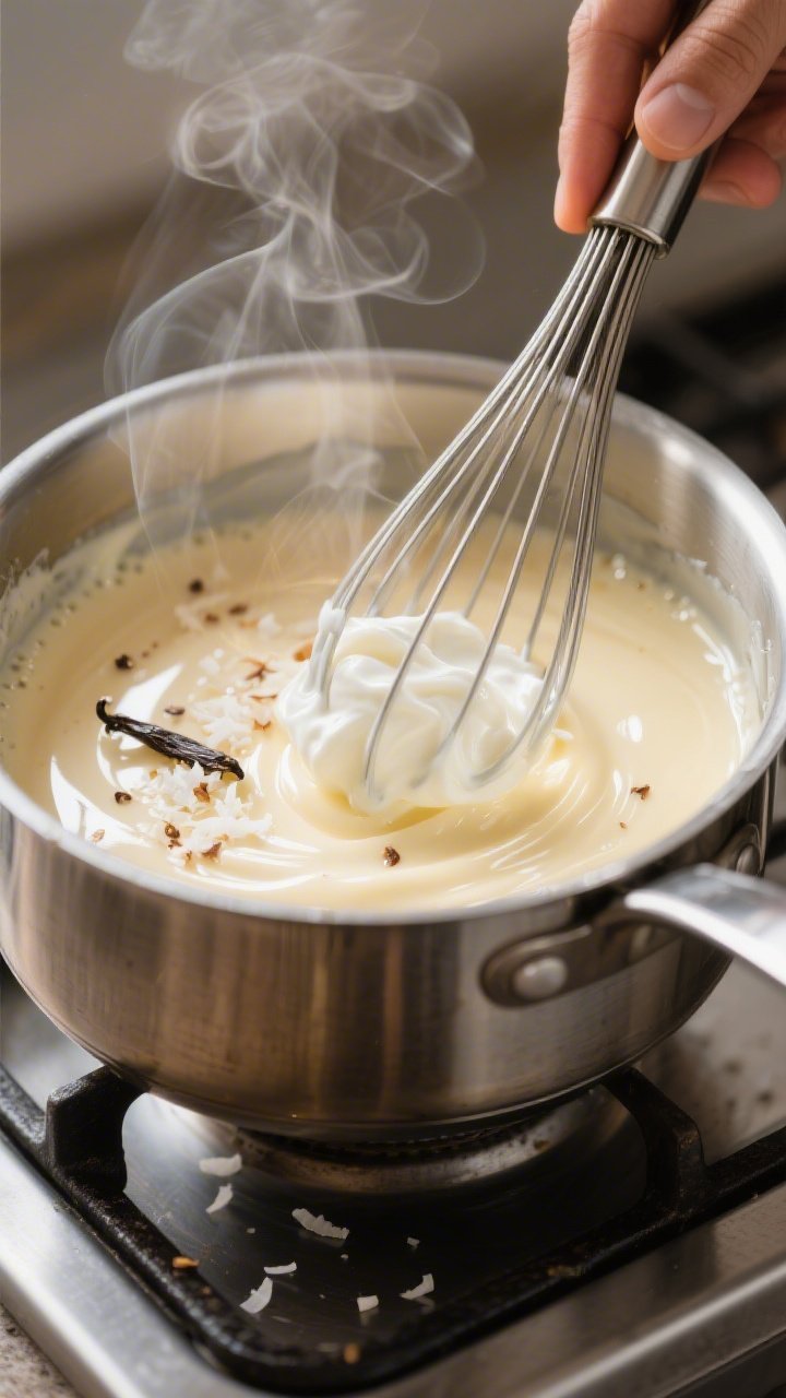 Cooking process close-up: Silky coconut custard being whisked in a stainless saucepan just as it thi
