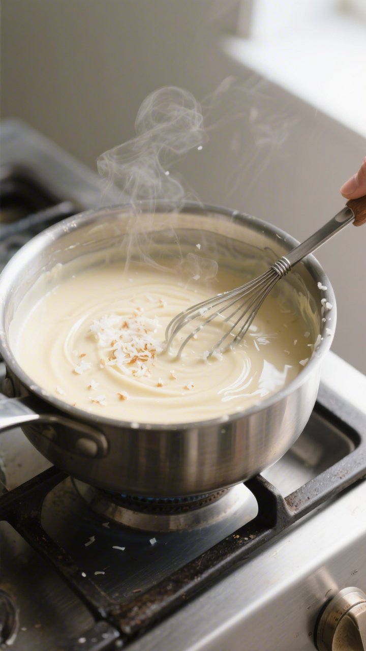 Cooking process close-up: Silky coconut custard for Vegan Protein Coconut Pie thickening in a stainl