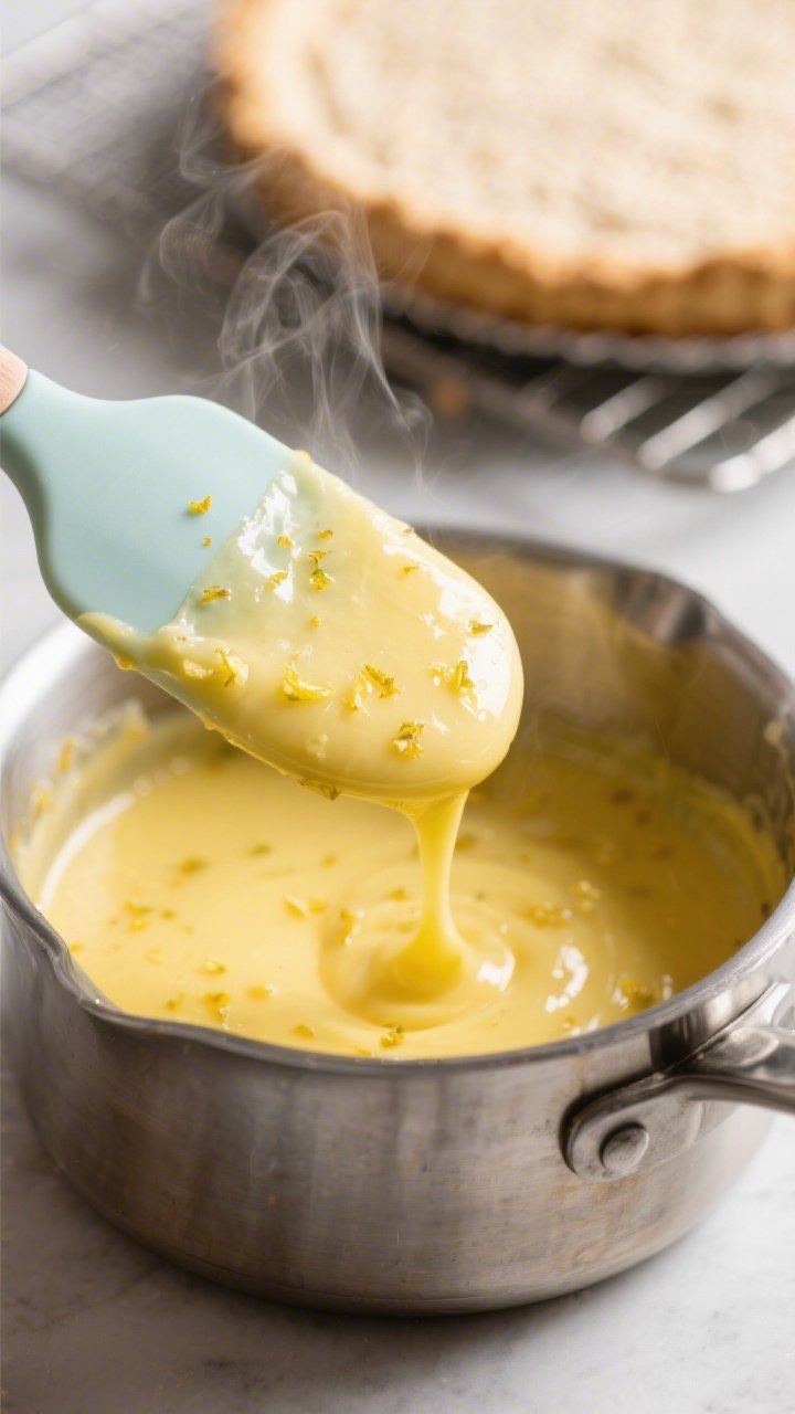 Cooking process close-up: Silky keto lemon curd being whisked to nappe stage in a stainless saucepan