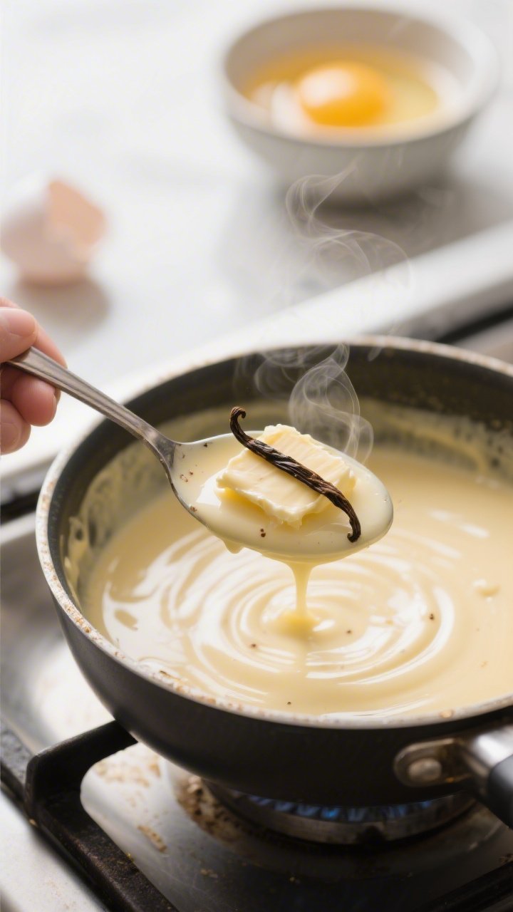 Cooking process close-up: Silky sugar-free banana custard thickening in a saucepan, whisk trails vis