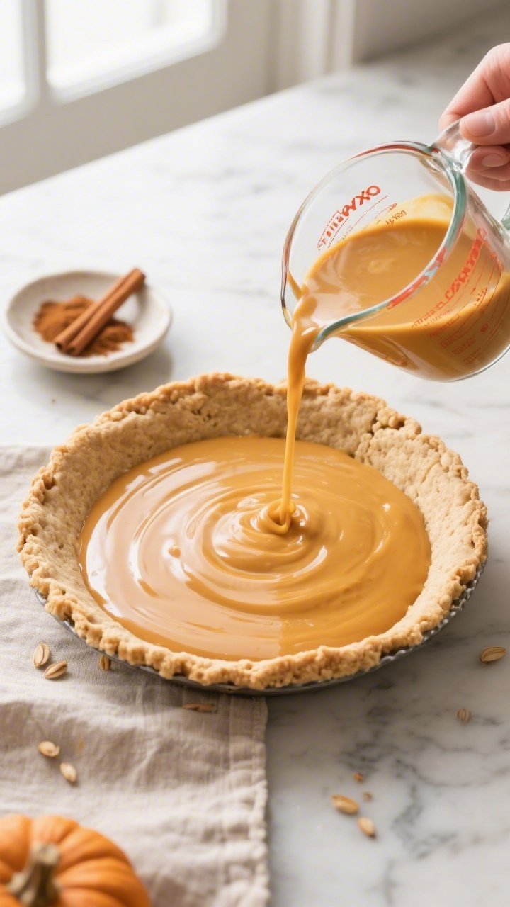 Cooking process, overhead: Warm almond flour crust just out of a 9-inch pie plate after par-bake, li