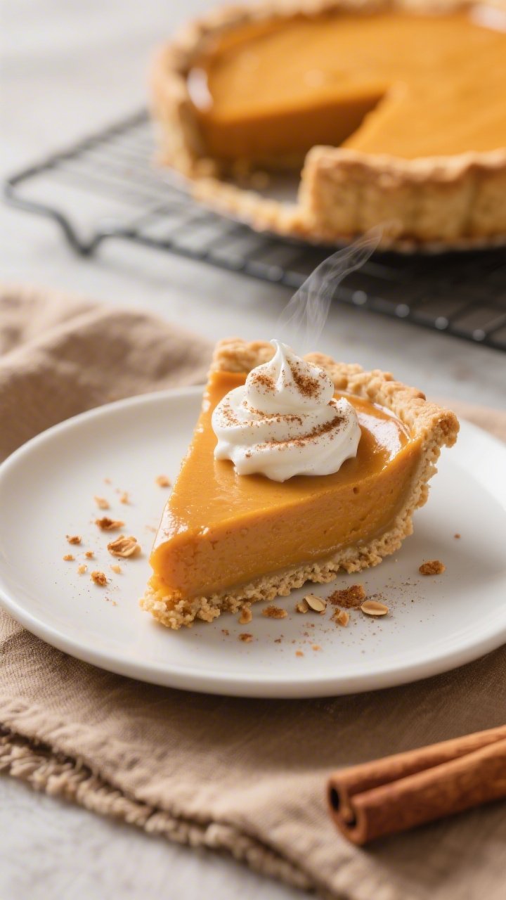 Final dish, close-up: A perfectly set keto pumpkin pie slice on a matte white plate, tight shot high
