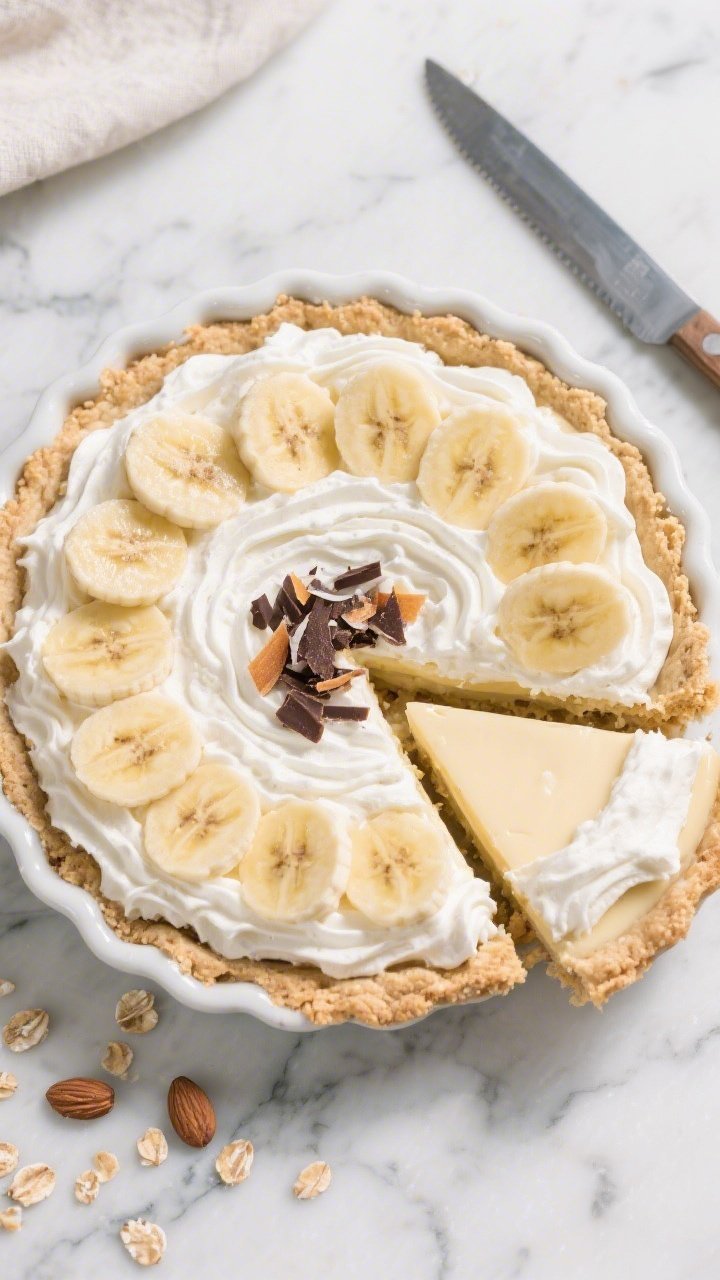 Final dish overhead: Fully assembled Healthy Banana Cream Pie in its pie dish, top-down shot showing