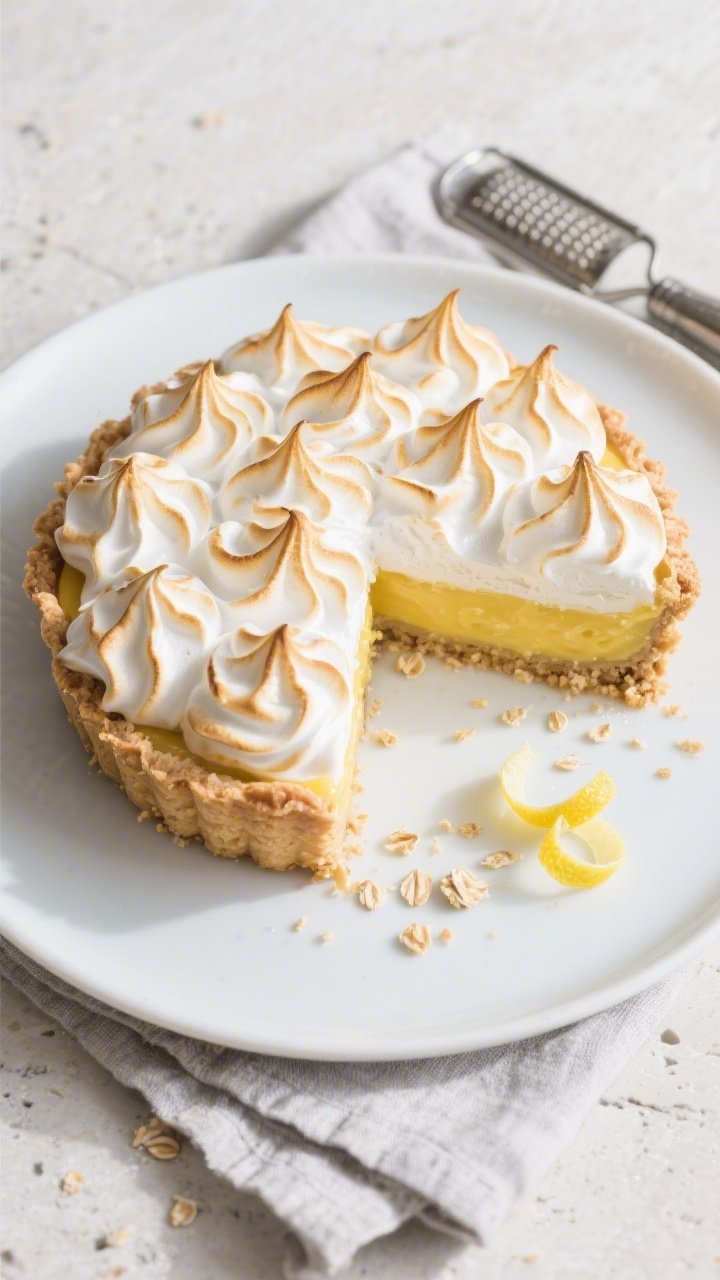 Final dish overhead: Fully baked healthy lemon meringue pie with tall, cloud-like, glossy meringue s