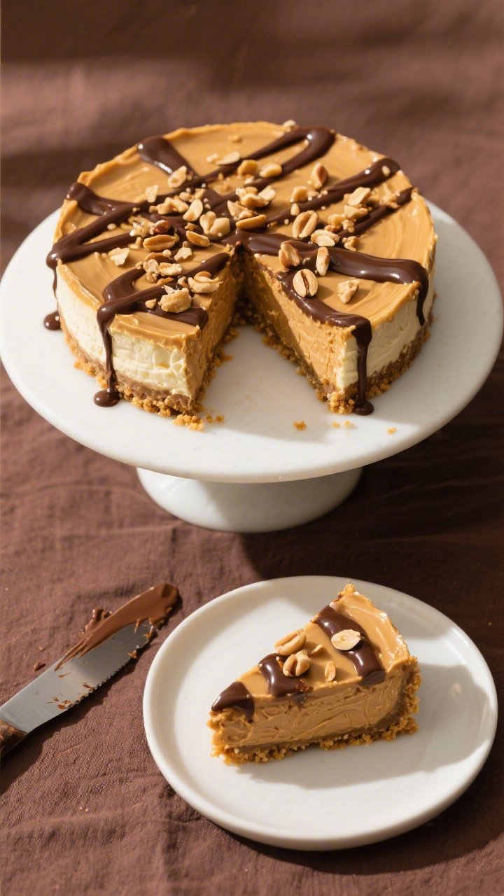 Final dish overhead: Fully chilled Keto Peanut Butter Overload Cheesecake on a matte white cake stan