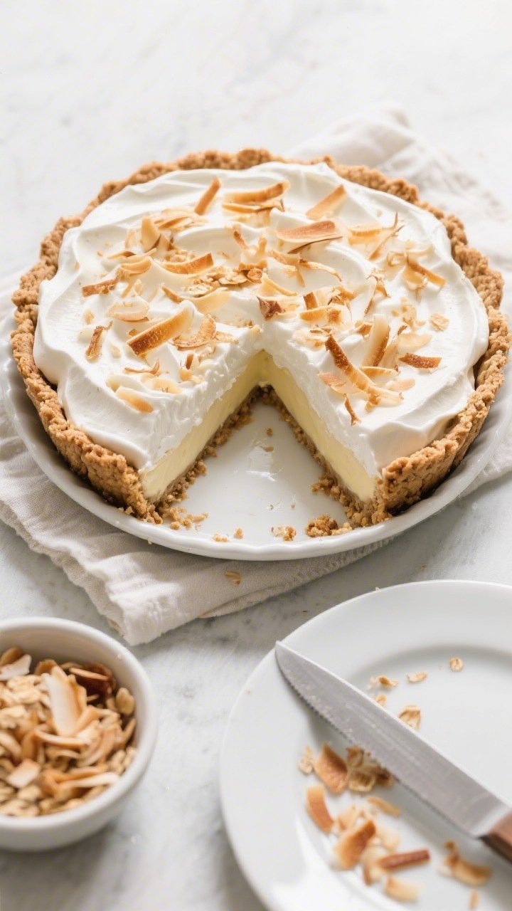 Final dish overhead: Healthy coconut cream pie fully assembled in a 9-inch pie dish, topped with clo