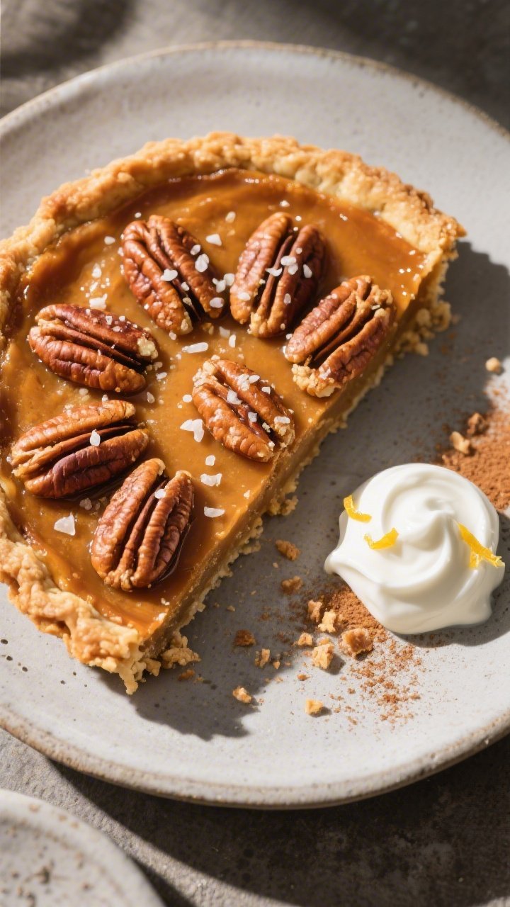 Final dish overhead: Healthy pecan pie baked to a deep golden top with a rosette of pecan halves, li