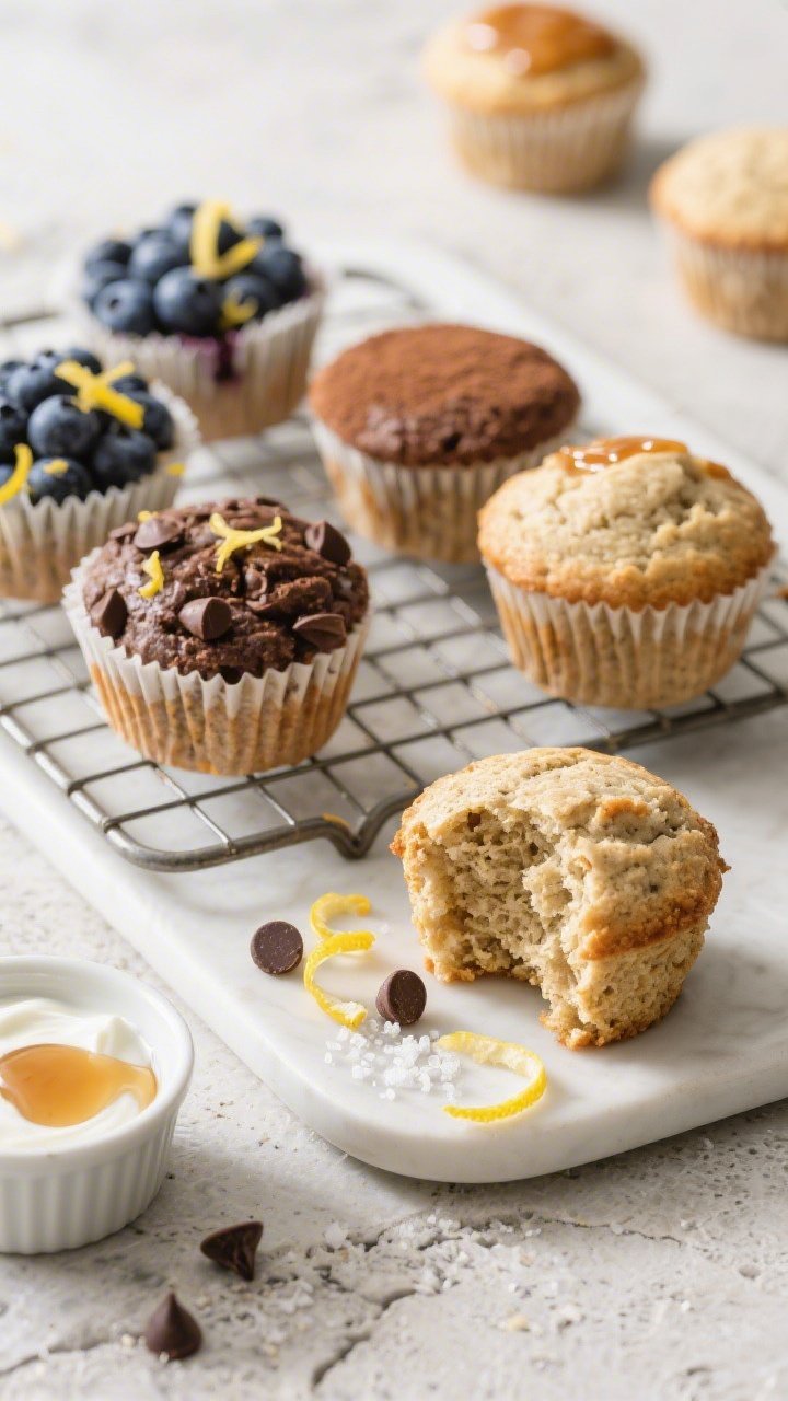 Final dish — Overhead hero shot: Almond flour protein muffins arranged on a matte white platter an