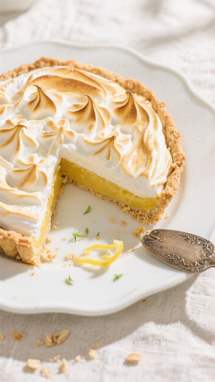 Final dish overhead: Keto lemon meringue pie fully assembled and toasted, top-down shot highlighting