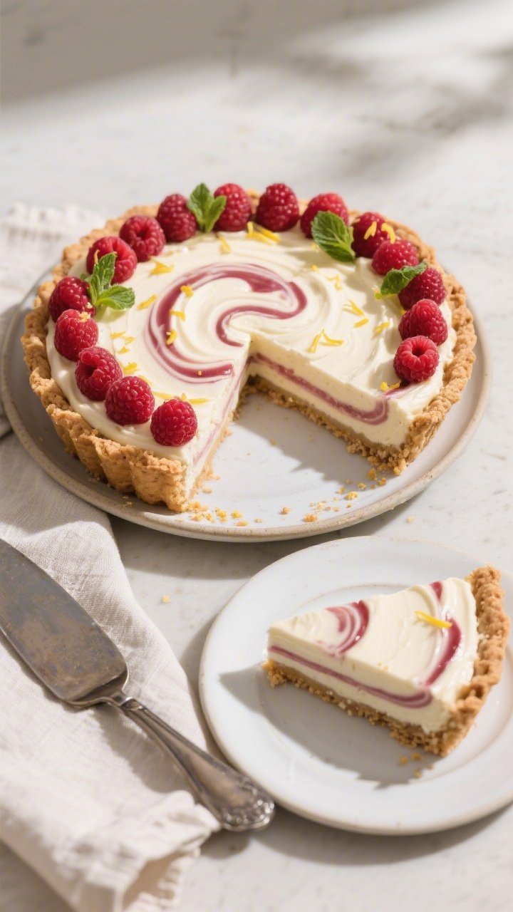 Final dish overhead: Light Raspberry Cream Pie fully set in a 9-inch graham cracker crust, top swirl