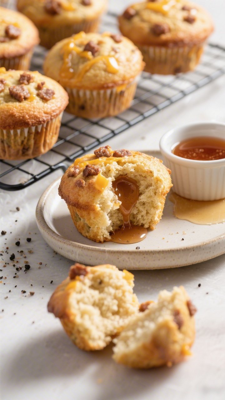 Final dish overhead: Overhead shot of freshly baked Mcgriddle protein muffins on a wire rack, domed 