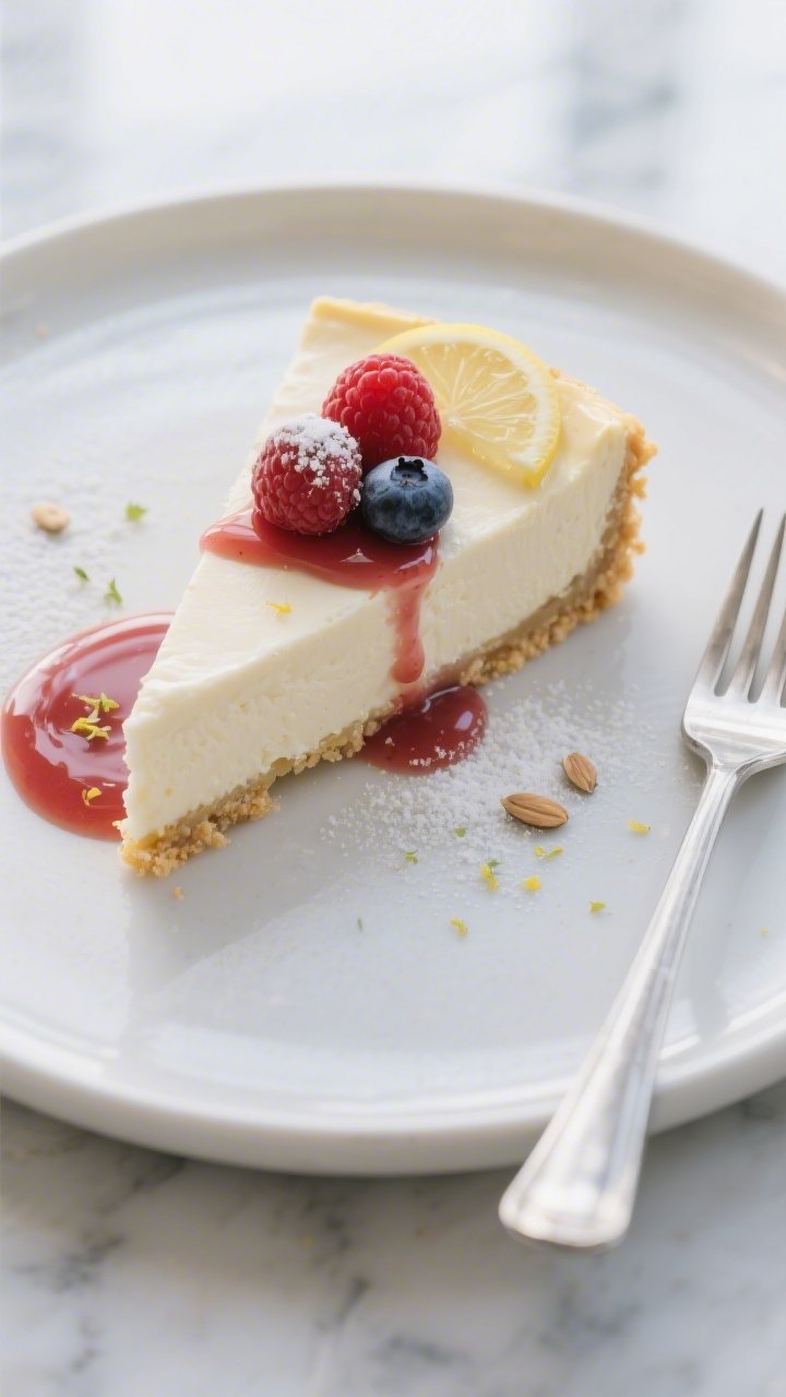 Final dish, overhead plated presentation: Keto melt-in-your-mouth cheesecake slice with ultra-smooth