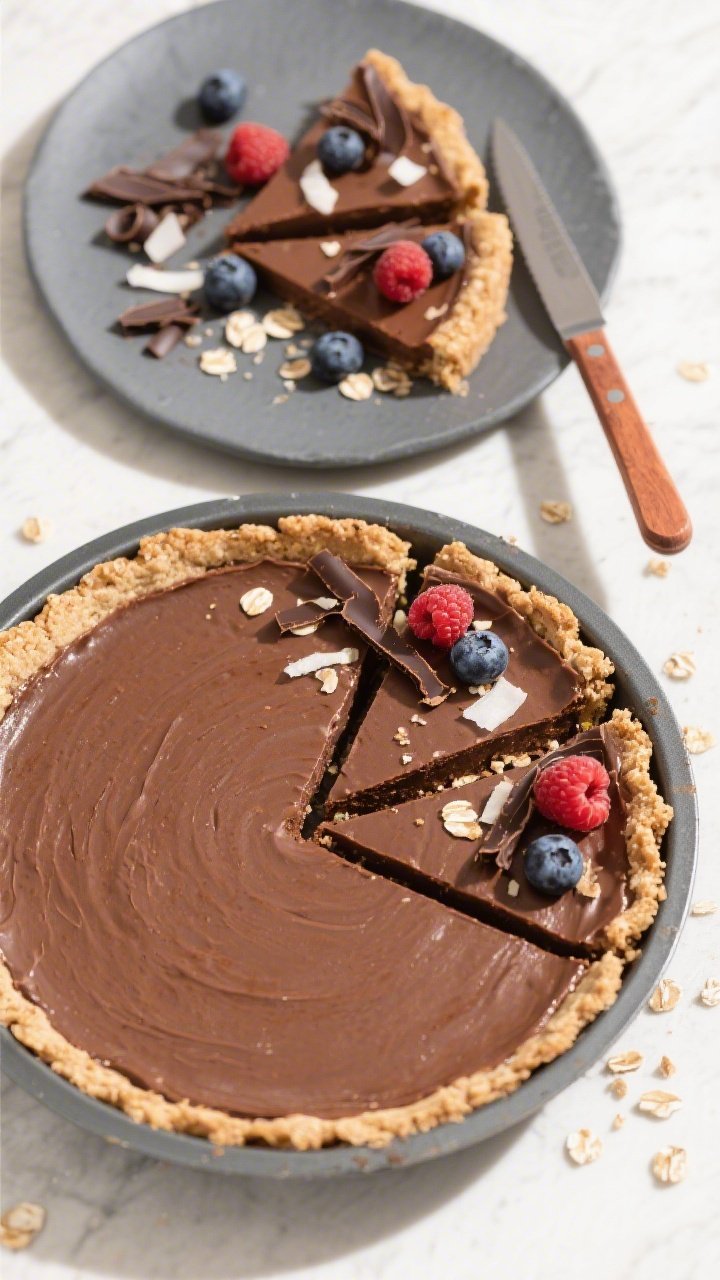 Final dish, overhead presentation: Top-down shot of a fully set healthy chocolate pie in a 9-inch pa
