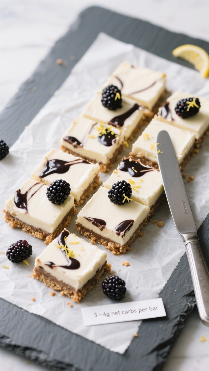 Final dish, overhead top view: Chilled keto blackberry cheesecake bars sliced into neat 12–16 squa