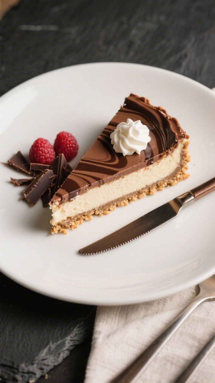 Final dish/plated top view: Chilled and sliced Keto Fudge Swirl Cheesecake, overhead hero shot of a 