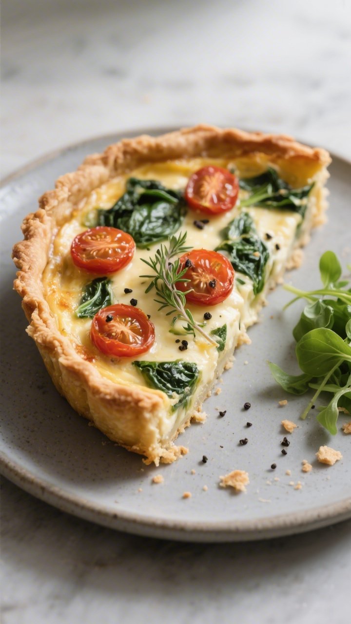 Final dish presentation: Quiche baked in the healthy pie crust, one slice lifted slightly to reveal 