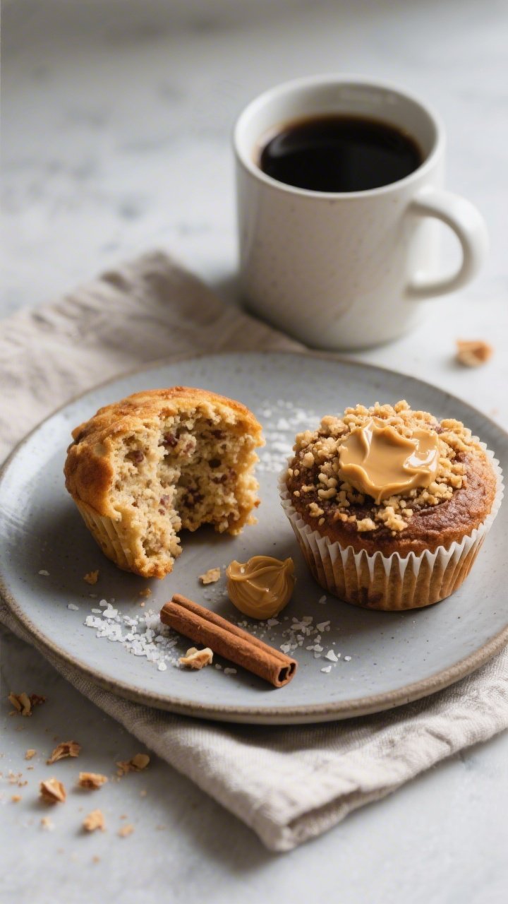 Final dish, tasty top view: Overhead shot of a breakfast scene featuring two protein coffee cake muf