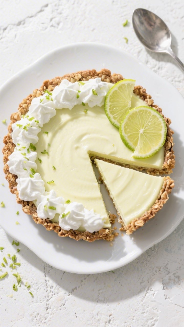 Final dish, tasty top view: Overhead shot of a chilled Healthy Key Lime Pie with a silky, pale-lime 