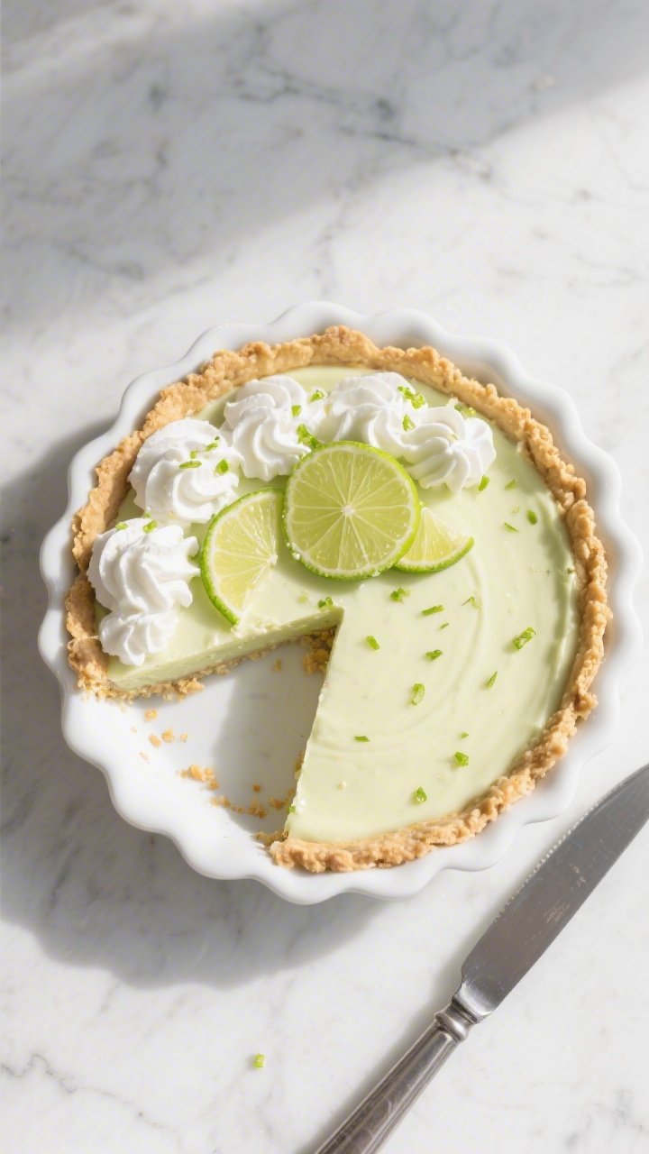 Final dish, tasty top view: Overhead shot of a chilled Low-Carb Key Lime Pie with a silky, pale-lime