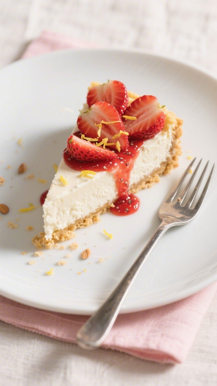 Final dish, tasty top view: Overhead shot of a chilled slice of Keto Strawberry Shortcake Cheesecake