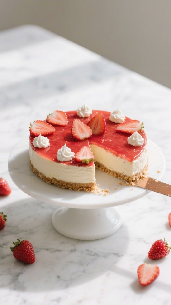 Final dish, tasty top view: Overhead shot of a fully set Keto Strawberry Cheesecake on a white cake 