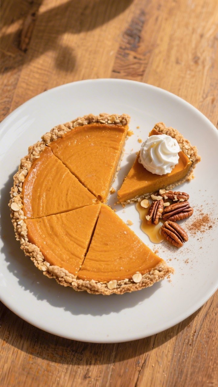 Final dish, tasty top view: Overhead shot of a fully cooled and chilled healthy pumpkin pie with cle