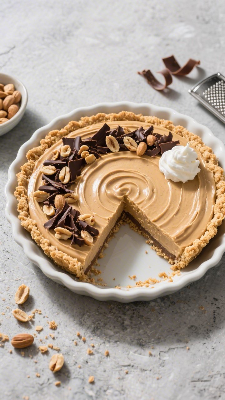 Final dish, tasty top view: Overhead shot of a fully set Low-Carb Peanut Butter Pie in a 9-inch pie 