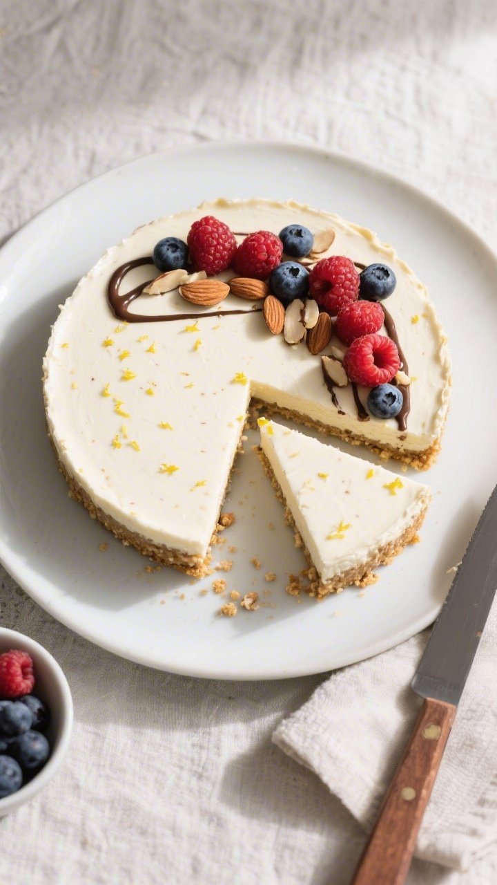 Final dish, tasty top view: Overhead shot of a fully set Keto No-Bake Cheesecake on a matte white pl