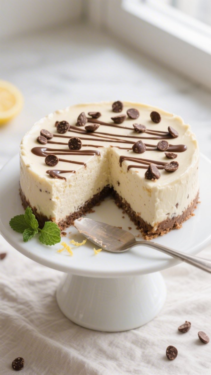 Final dish, tasty top view: Overhead shot of a perfectly chilled Keto Chocolate Chip Cheesecake on a