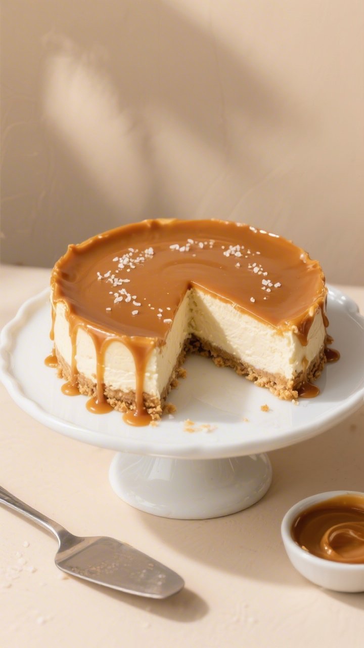 Final dish, tasty top view: Overhead shot of a sliced Keto Caramel Drip Cheesecake on a white porcel