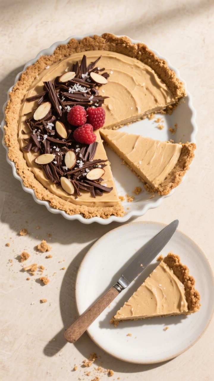 Final dish/top view: Overhead shot of a fully set Almond Butter Protein Pie in a 9-inch pie dish, cl