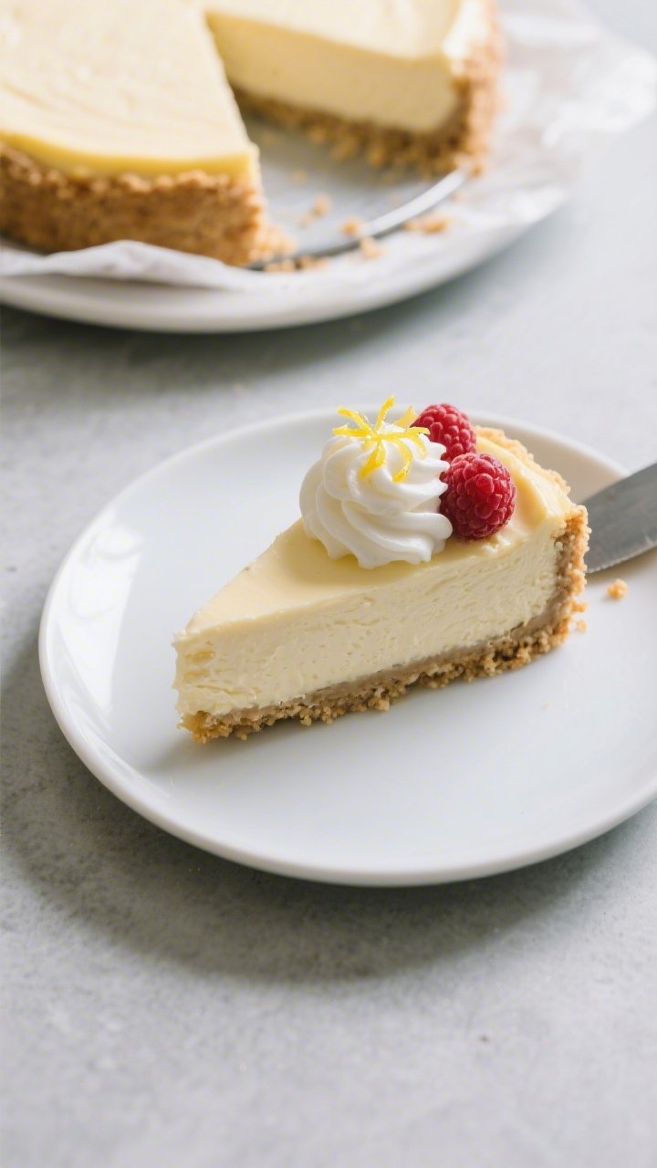 Final dish top view: Overhead shot of a perfectly chilled slice of keto lemon cheesecake on a matte 