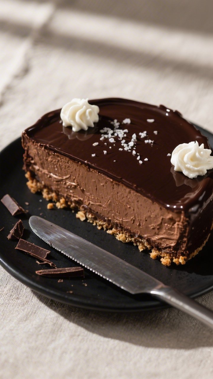 Final dish, top view: Overhead shot of the fully chilled Keto Chocolate Explosion Cheesecake finishe