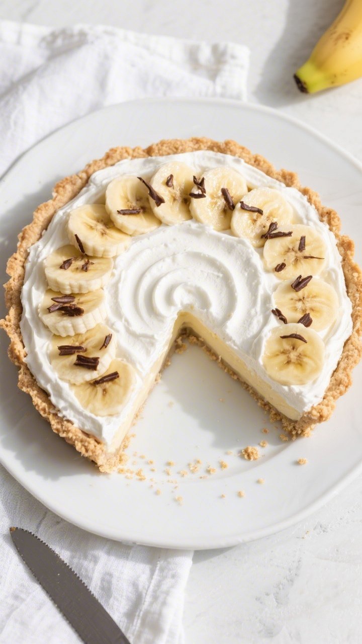 Final pie, top-view beauty shot: Overhead of a chilled Sugar-Free Banana Cream Pie in a 9-inch almon