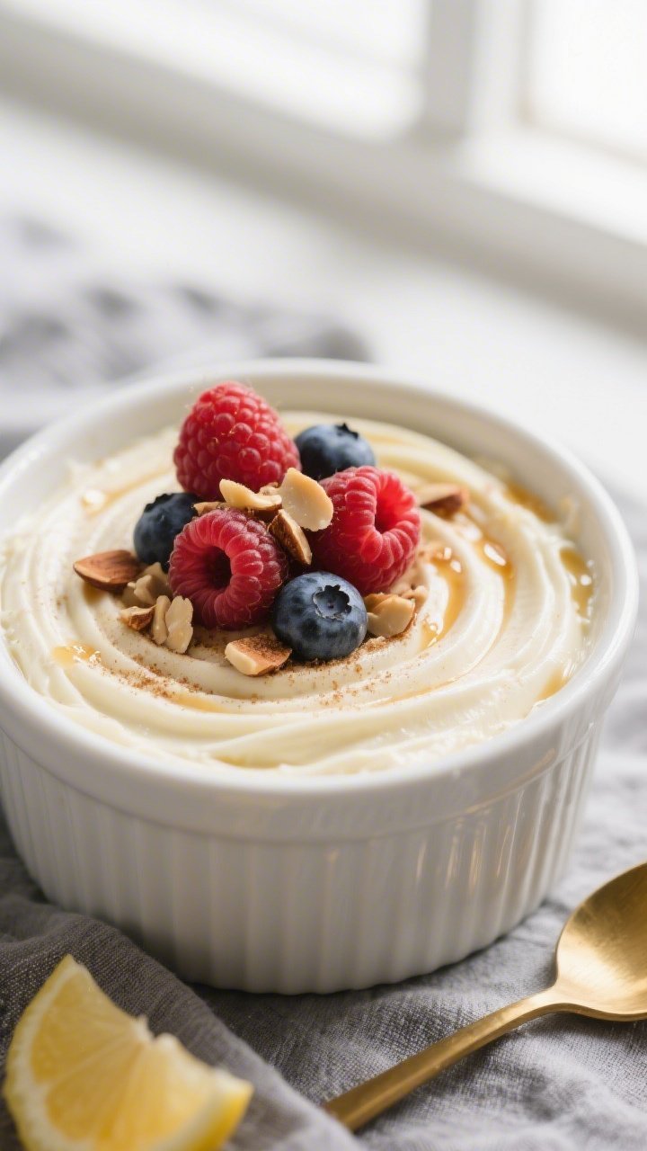 Final plated Keto Cheesecake in a Bowl, beautifully swirled and spooned into a matte white ramekin, 