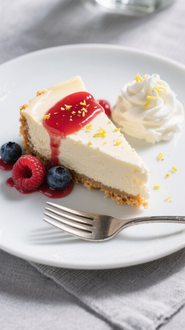 Final plated overhead beauty: A pristine slice of Keto Cheesecake Factory copycat cheesecake on a ma