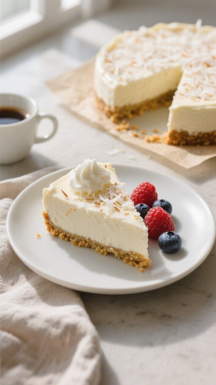 Final plated overhead: Chilled Keto Coconut Cheesecake sliced cleanly with sharp edges, creamy inter