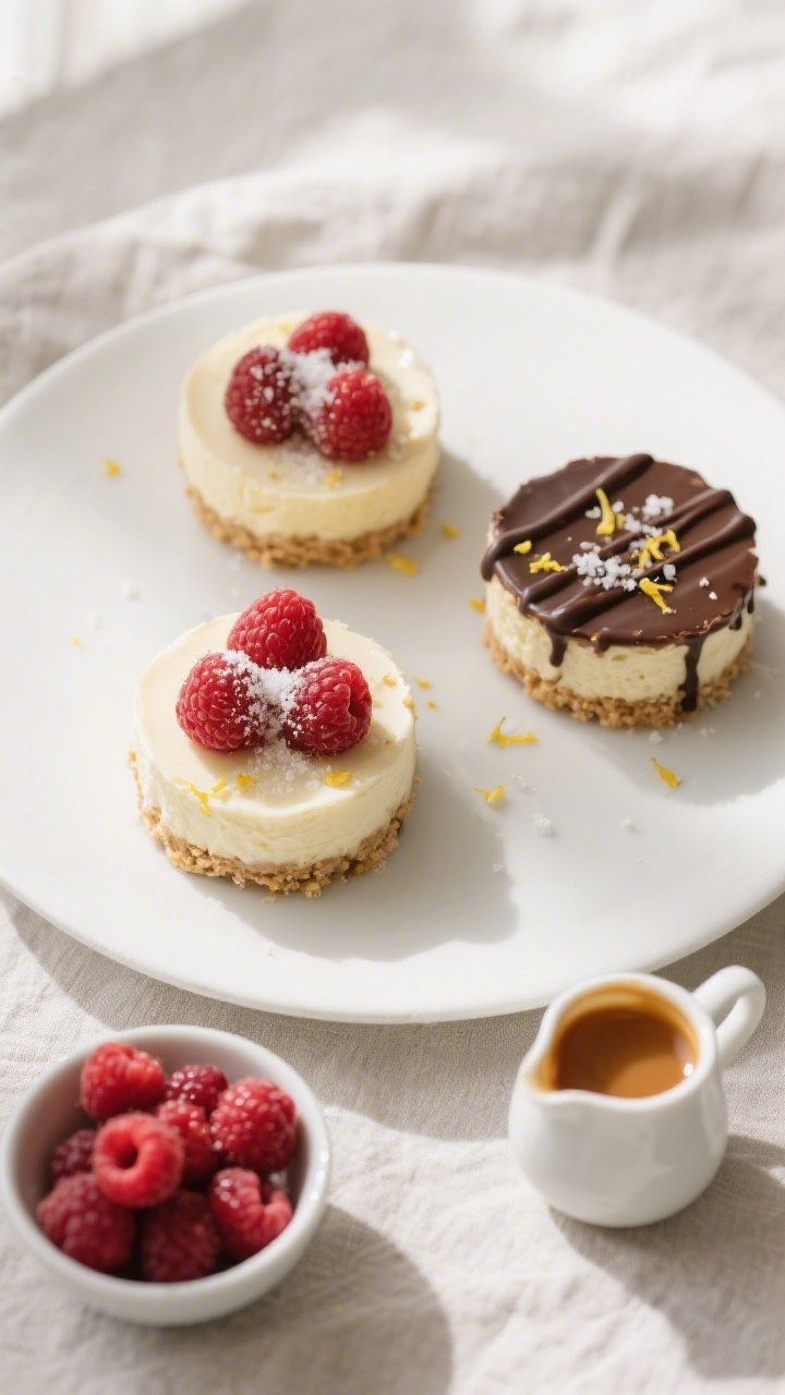 Final plated overhead: Chilled keto mini cheesecakes without liners on a matte white platter, each t