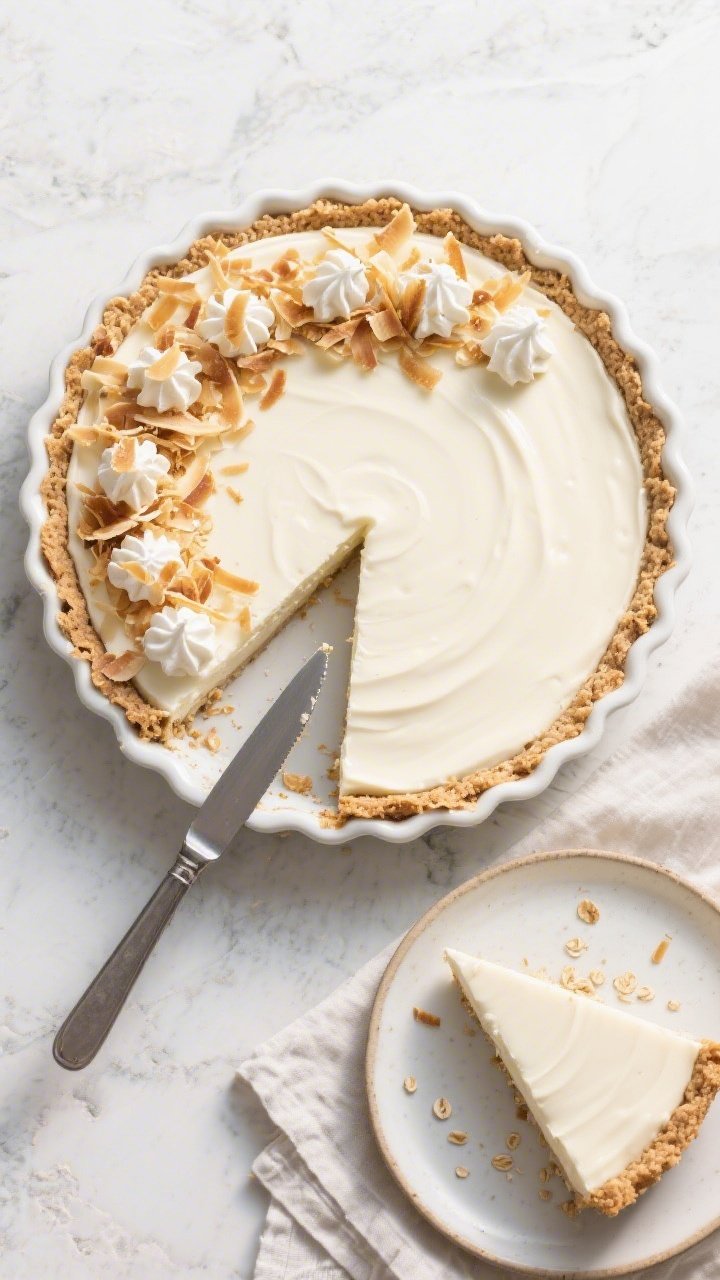 Final plated overhead: Fully set Vegan Protein Coconut Pie in a 9-inch pie dish, top smoothed and cr