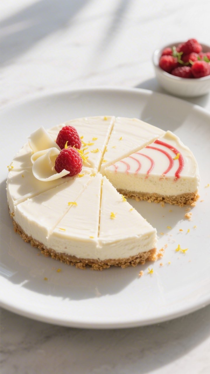 Final plated/overhead hero shot: Fully chilled Keto White Chocolate Cheesecake, clean slices fanned 