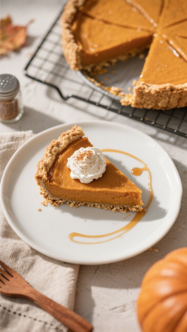 Final plated overhead hero shot of a cleanly sliced Oat Crust Pumpkin Pie: silky, custardy pumpkin f