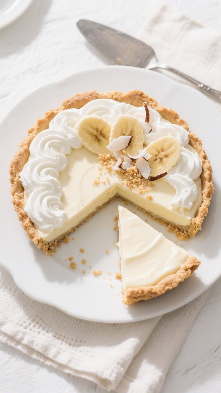 Final plated overhead: Low-Calorie Banana Cream Pie fully set and sliced cleanly, overhead . Silky v