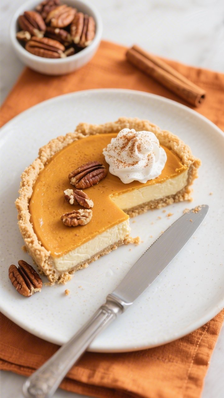 Final plated/overhead presentation: Beautifully sliced Keto Pumpkin Cheesecake Pie on a matte white 