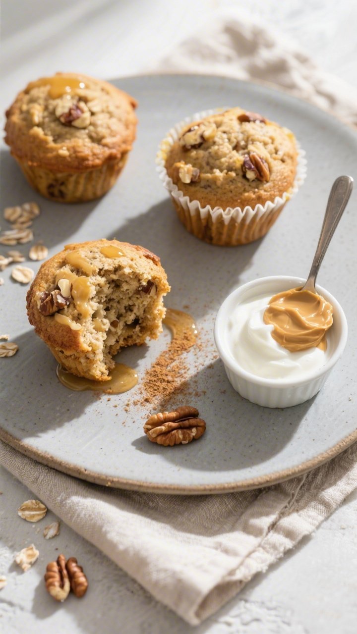 Final plated overhead: Tasty top-down shot of three banana protein powder muffins on a matte ceramic
